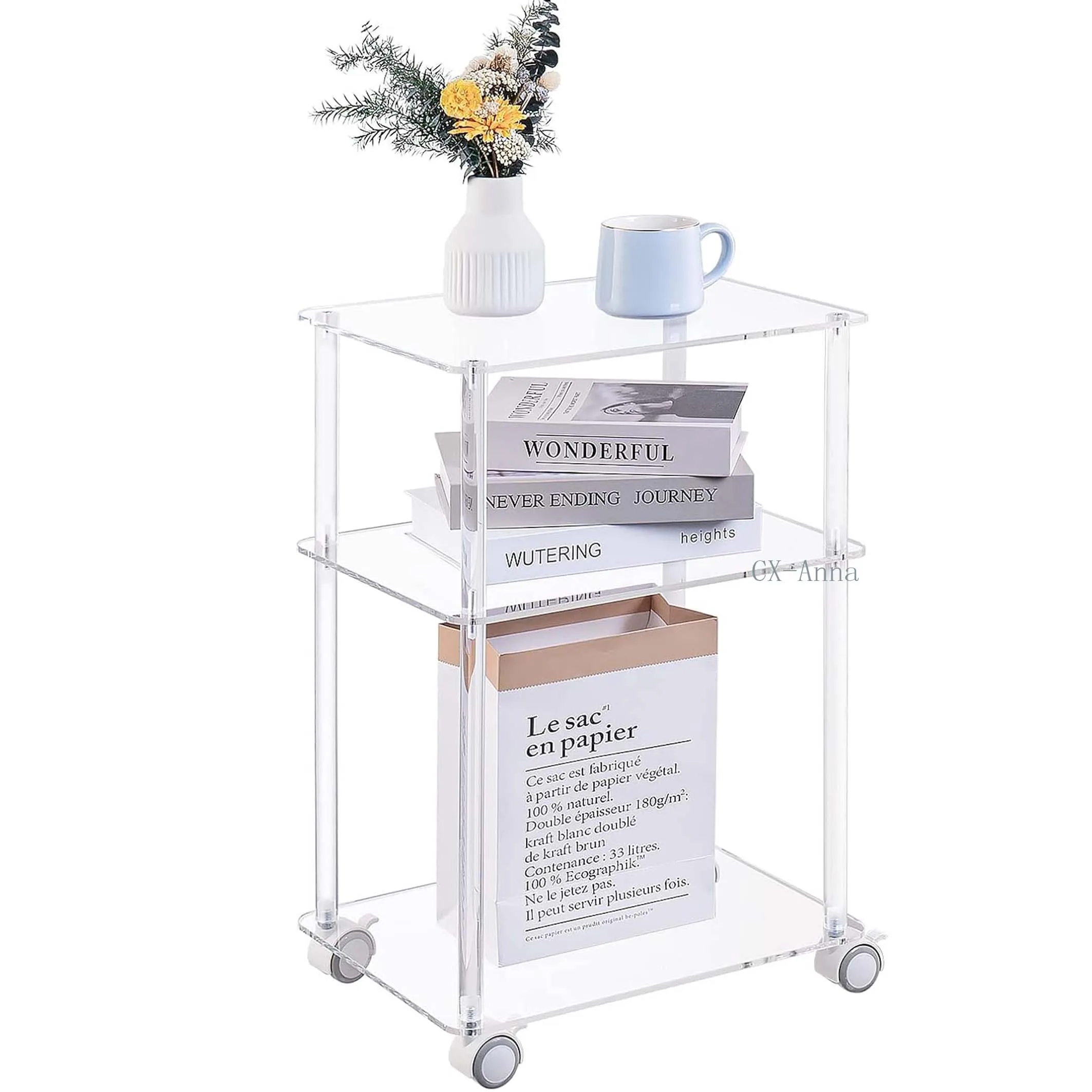 New Customized Assembly 3 Tiers Acrylic Rolling Side Table  End Table with Lockable Wheels