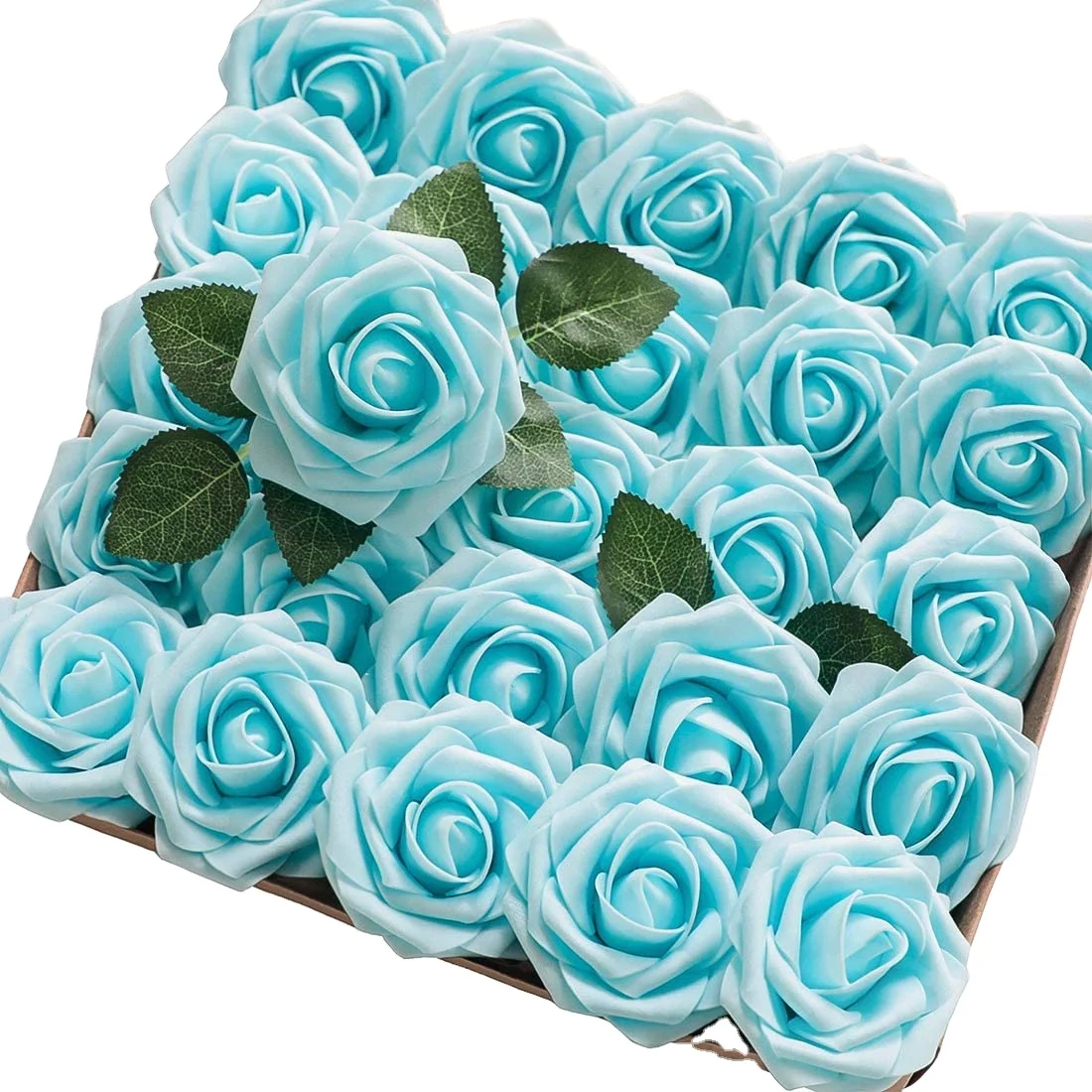 Artificial Flowers Real Looking Aqua Blue Foam Roses with Stems for DIY Wedding Bouquets Baby Shower