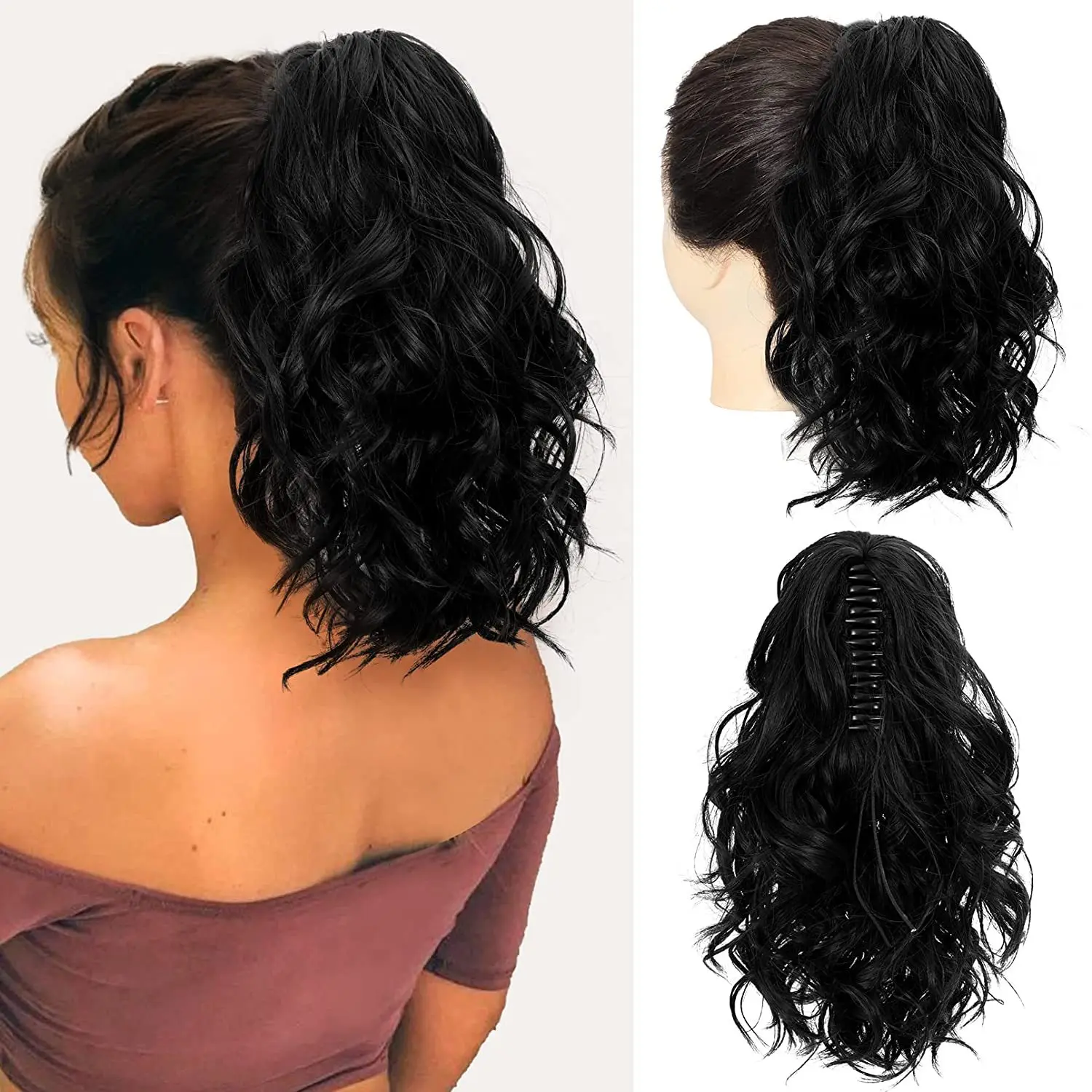 synthetic 12Inch Wavy Claw Clip On Ponytail Hair Extension Natural Looking Curly Short Pony Tail Hairpiece For Women
