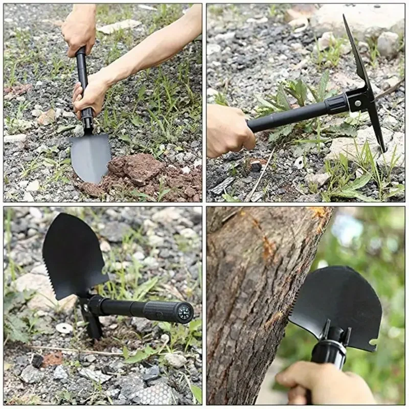 Factory Wholesale Outdoor Hiking Camping Survival Spade 5-in-1 Multifunctional Tactical Folding Shovel With Compass