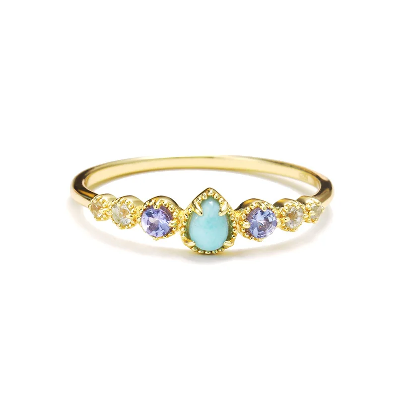 Beautiful Waterdrop Blue Natural Copper Pectolite Tanzanite Topaz 925 Sterling Silver Ring