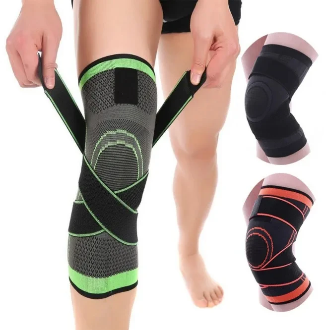Breathable Fitness Sport Elastic Volleyball Pad Knitted Nylon Anti-Slip Compression Support Powerlifting Knee Brace With Straps