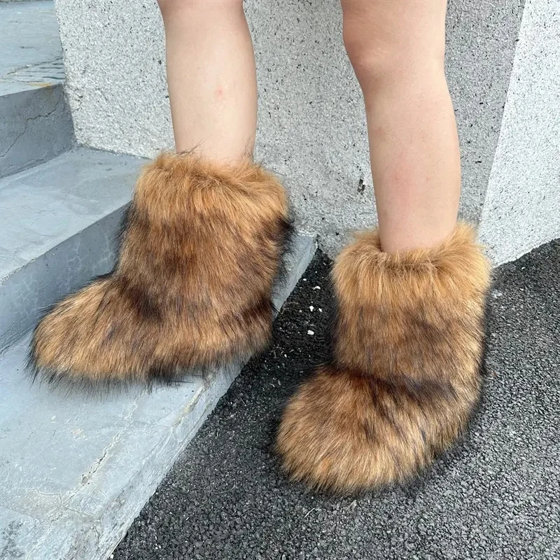 2024 Winter Women Plush Warm Snow Bootas Fluffy Faux Fox Fur Boots Luxury Footwear Furry Fur Boots