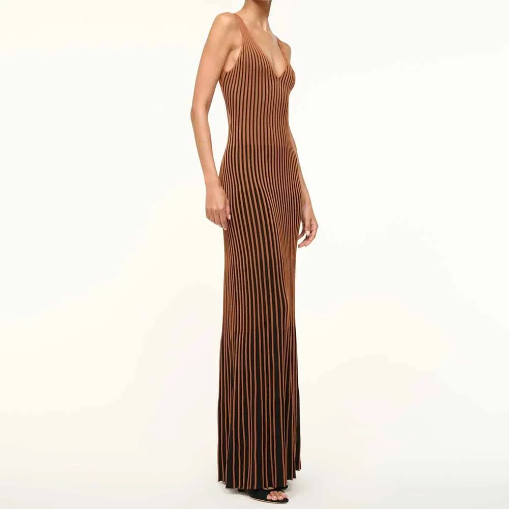 Knitwear Manufacturer Custom Sleeveless Midi-length Dress Rib Knit Slip-on Dress Deep V Neckline Knitted Dresses For Women