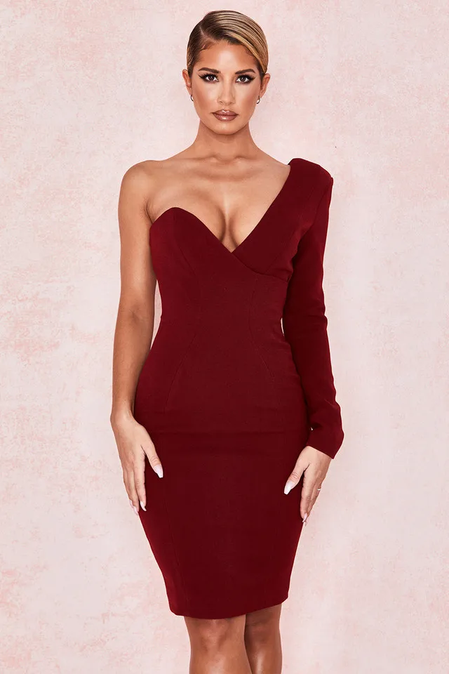 Wine One Shouldered Wrap Sexy Red Dress