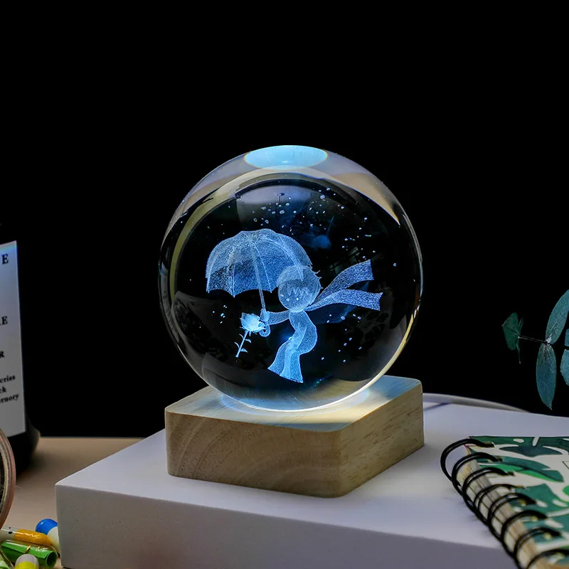 2024 New Creative Desktop Decoration LED Crystal Ball Rechargeable Night Light Touch Power Generation Modern Wooden Bedroom