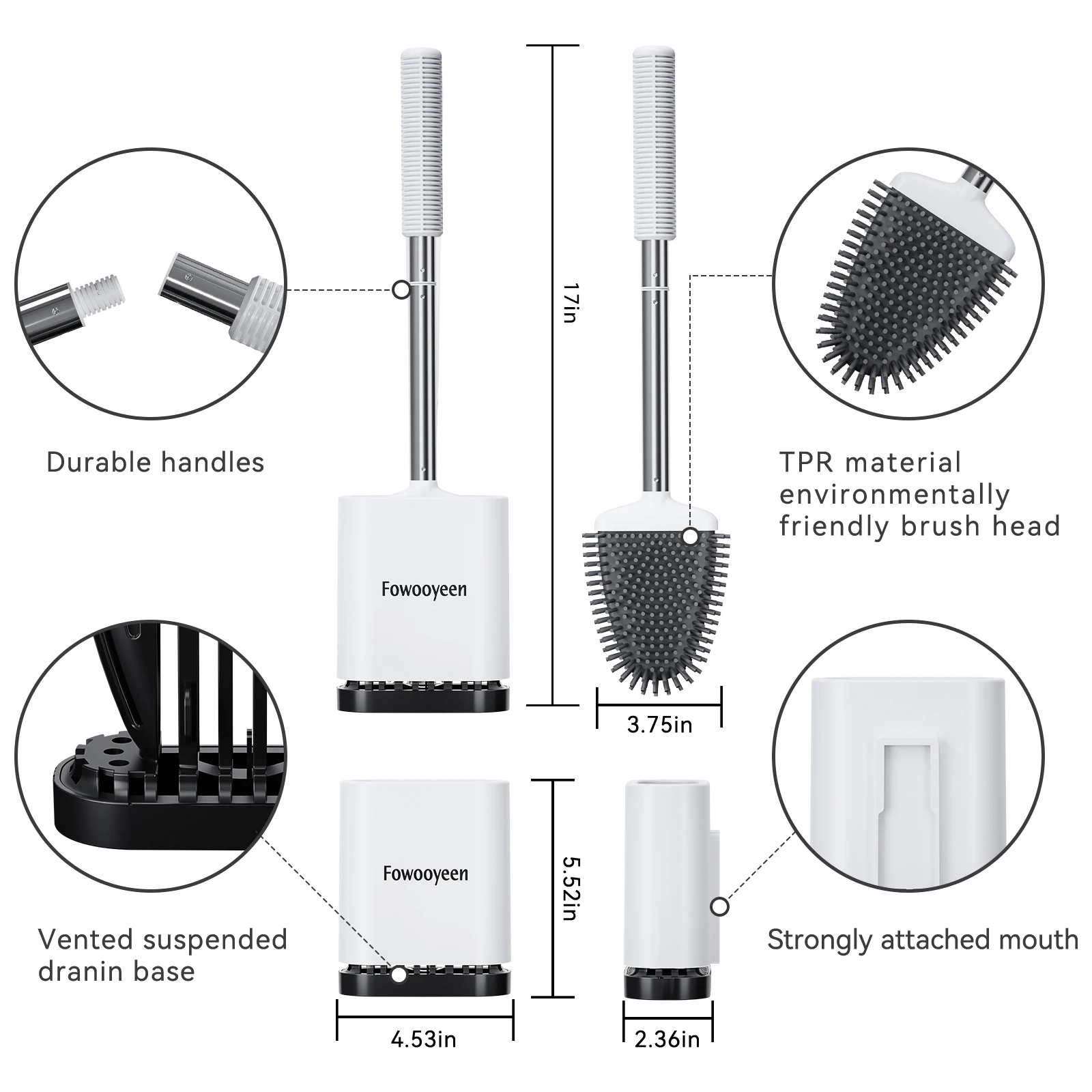 Набор щеток и держателей для унитаза Fowooyeen, силиконовая щетка для унитаза с ручкой из нержавеющей стали и вентилируемым держателем для сушки
