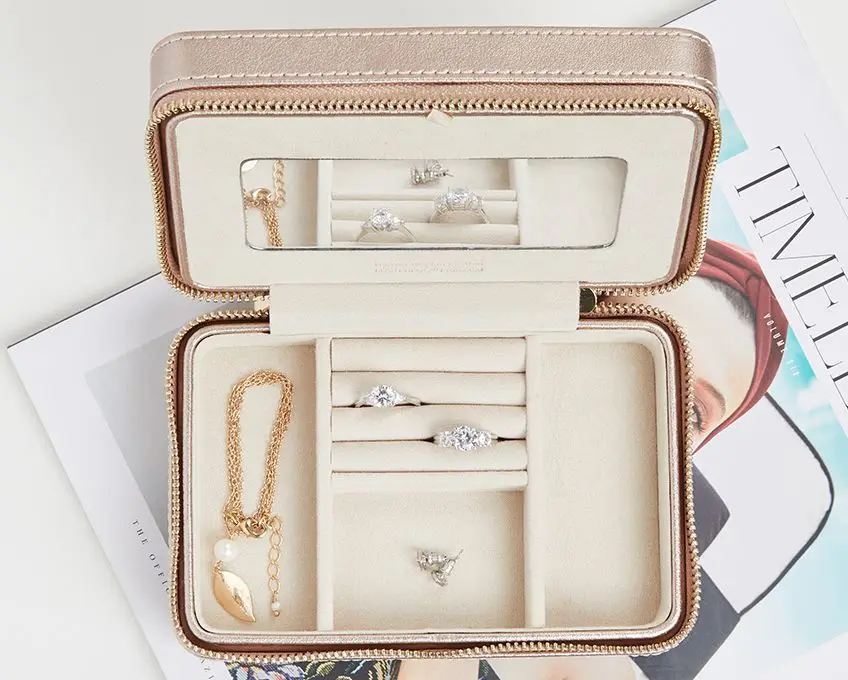 Jewelry Box for Women Girls with Small Travel Case Mirror Necklace Ring Earrings Organizer White Wood Grain