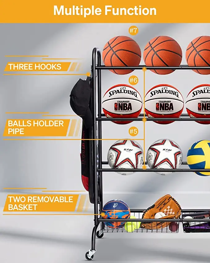Sports Equipment Storage with Wheels, Four-Layer Organizer Holder with Two Basket for Basketballs Footballs Volleyball