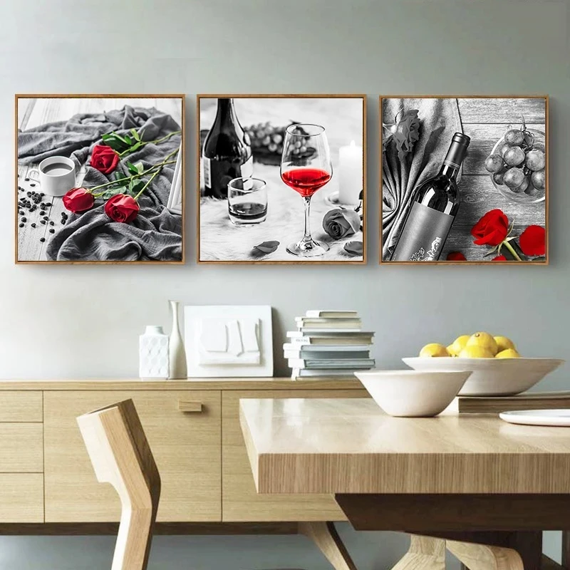 Red Wine Cup Rose Picture Home Decor  Nordic Canvas Painting Minimalist Poster flower wall art prints