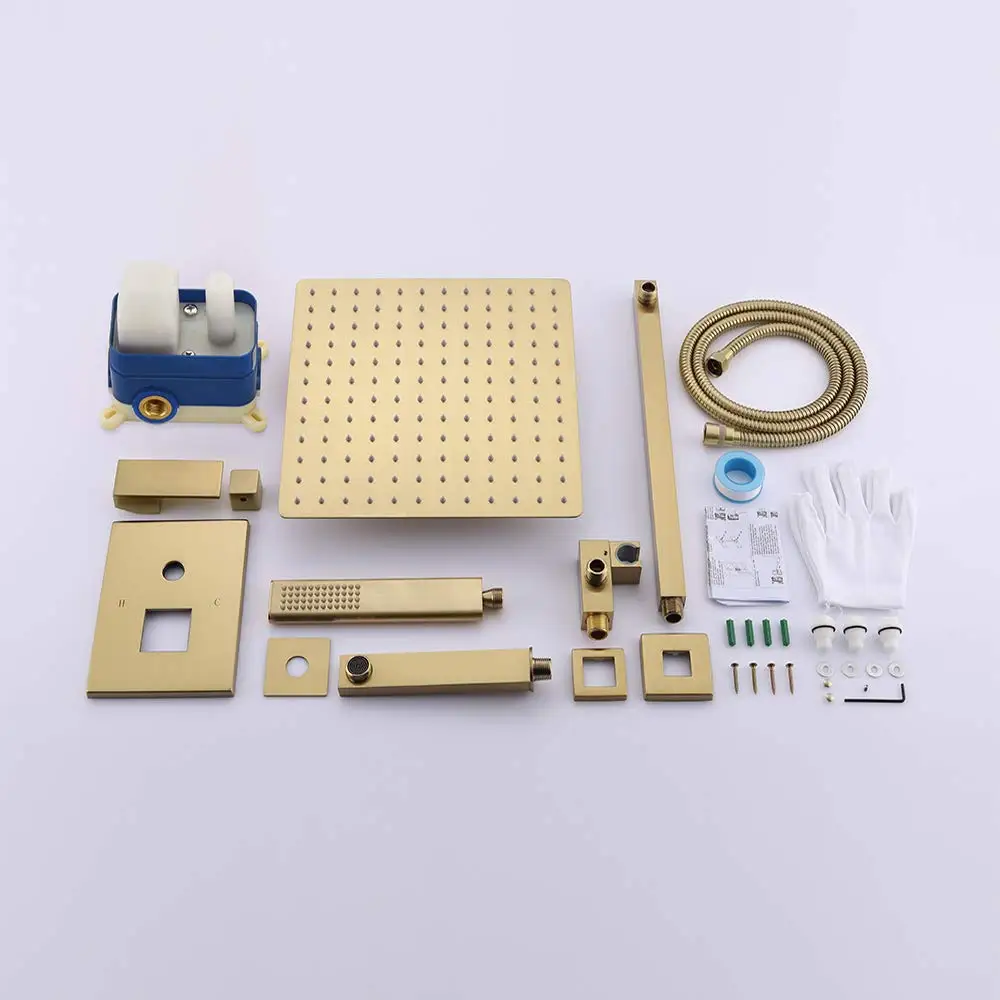 Brushed Gold Wall Mounted Concealed Thermostatic Luxury Rain Mixer Shower Set Rainfall Shower Head Gold For Bathroom