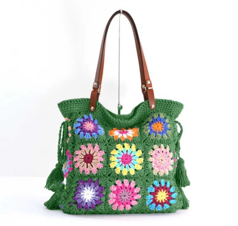CPC 2024 Custom Crochet Square Fashion Vintage Tote Bags Vintage Shoulder Bag Handbags Wholesale tassel