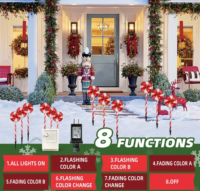 Christmas Pathway Markers Lollipops Peppermint Pathway Lights Candy Cane Lights with 8 Modes Pathway light