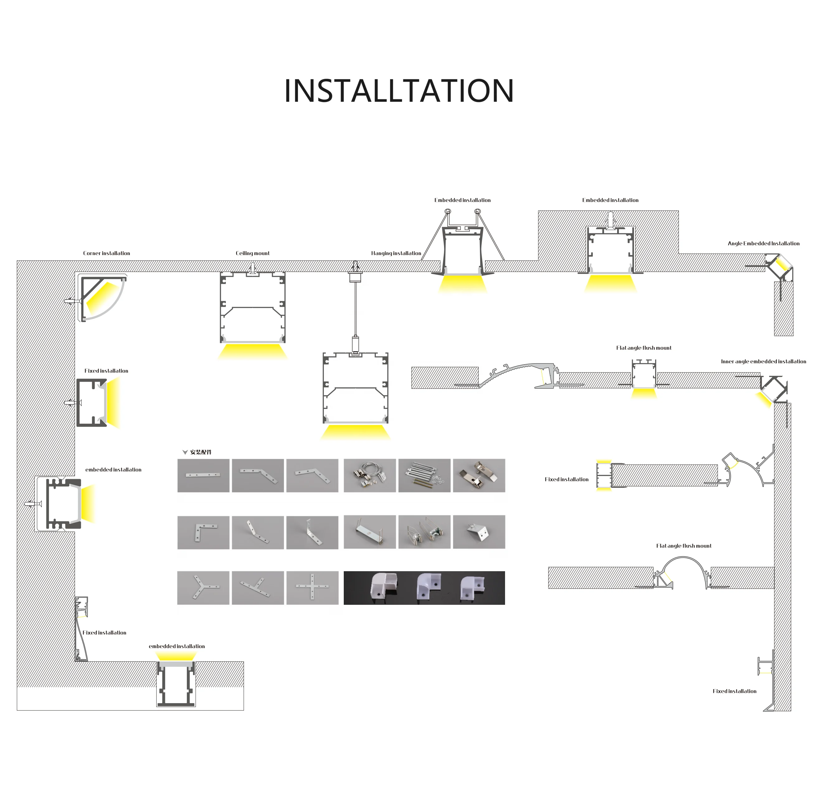 Aluminium Profile for LED Lighting Strip Recessed Aluminum Channel Diffuser Light LED Profile