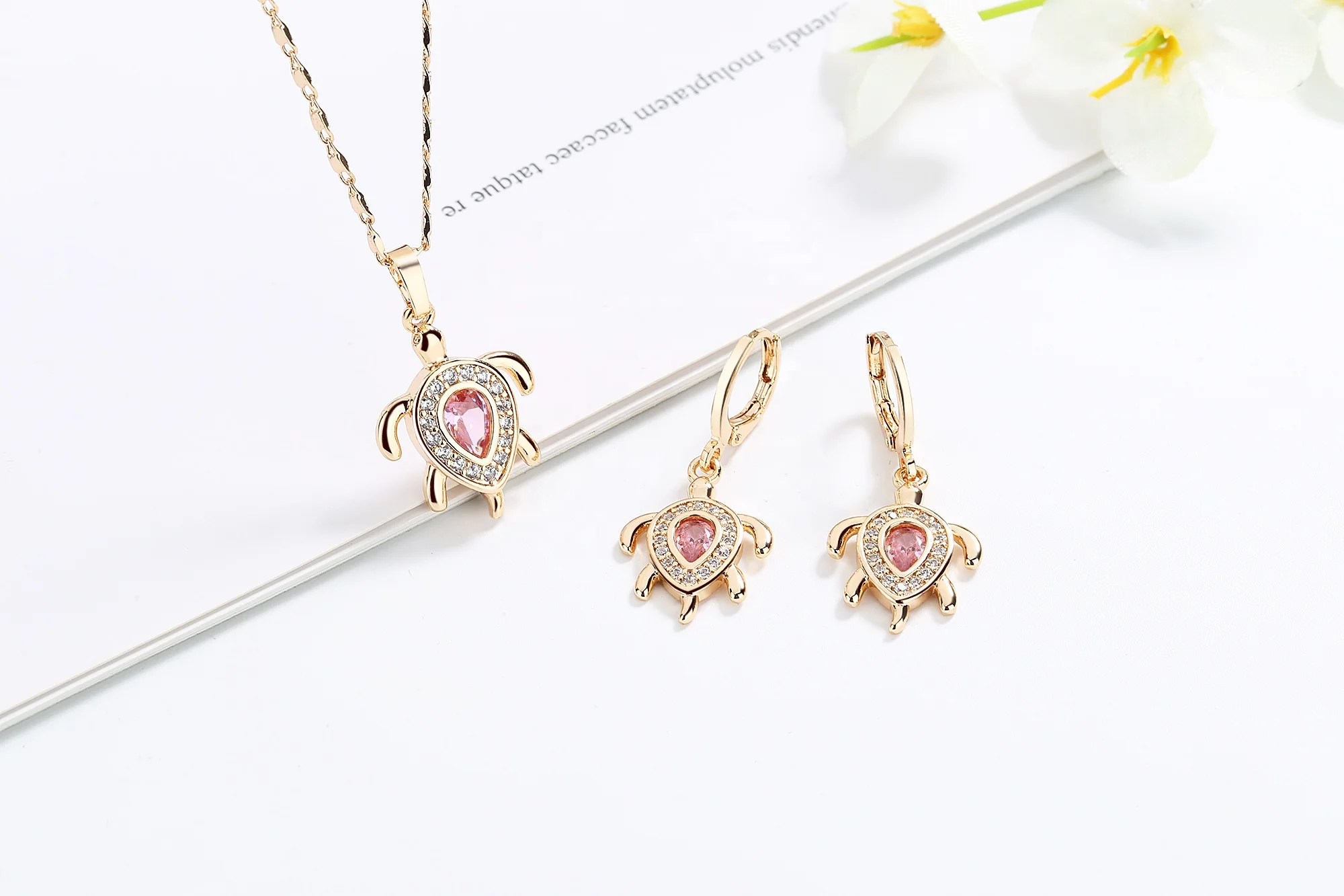 Hot Selling 18 Carat Gold Plated 3 Piece Jewelry Set Cubic Zirconias Cz Turtle Pendant Necklace  For Women Jewellery Sets