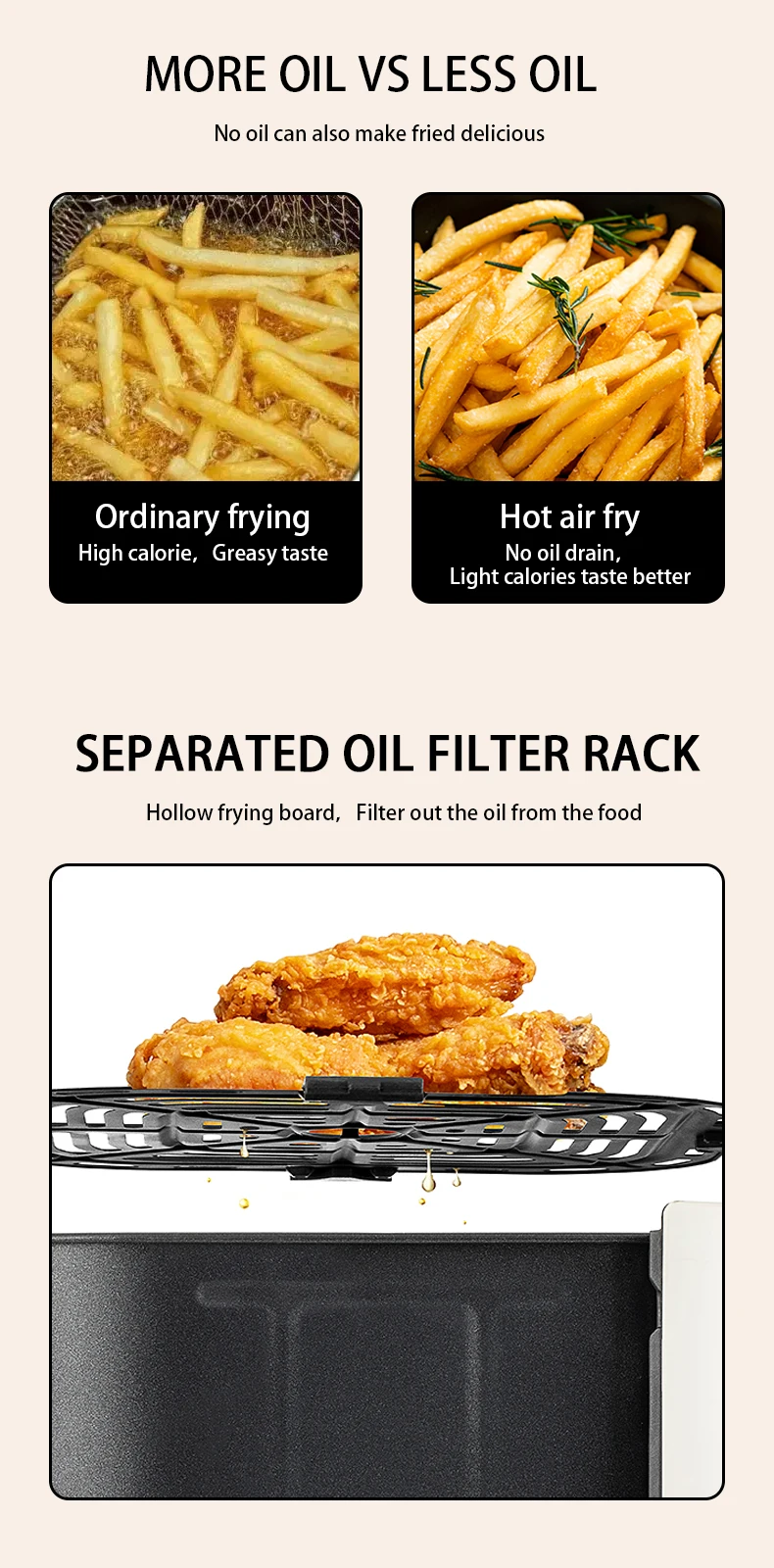 Non stick and easy to clean Accurate temperature control Transparent Oil free Fully automatic integration No flipping fryer