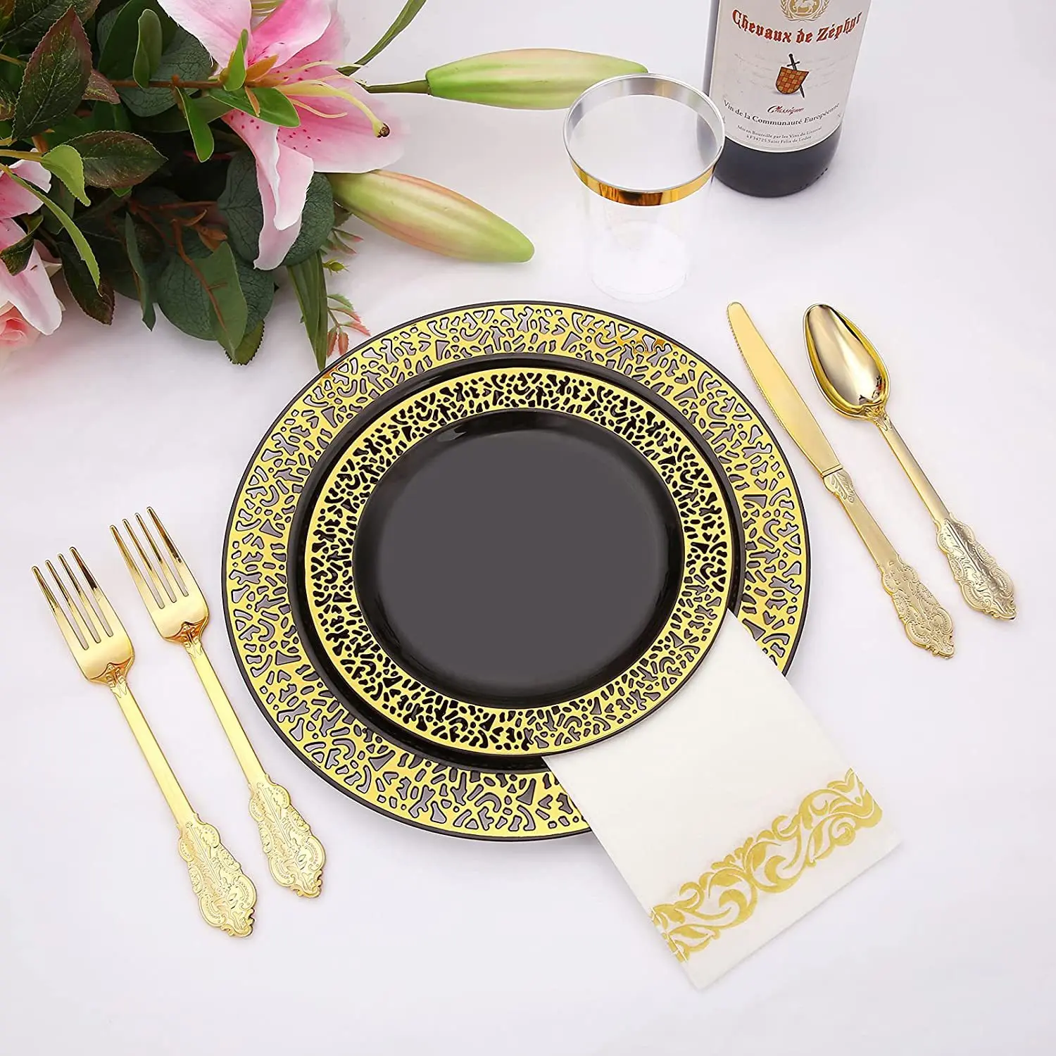 Disposable Black Dinner Plate Cutlery Set Knife Fork Spoon 7.5 inch 10.25 Party Hotel Wedding