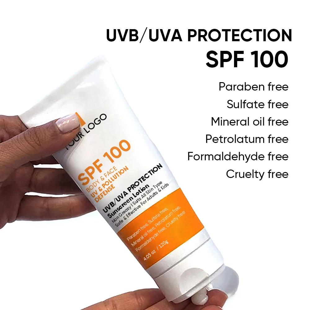 Personal Label Oem Protects Skin Uv Damage Broad Spectrum Water-Resistant Sun Cream Spf 100 Body And Face Sunscreen Lotion