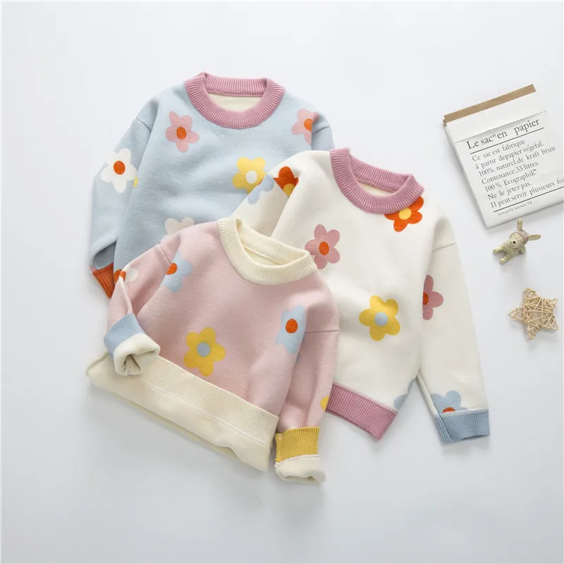 Autumn Winter Kids Velvet Sweater Girls Baby Flower Thicken Pullover Knit Bottoming Shirt Wechat Dropshipping