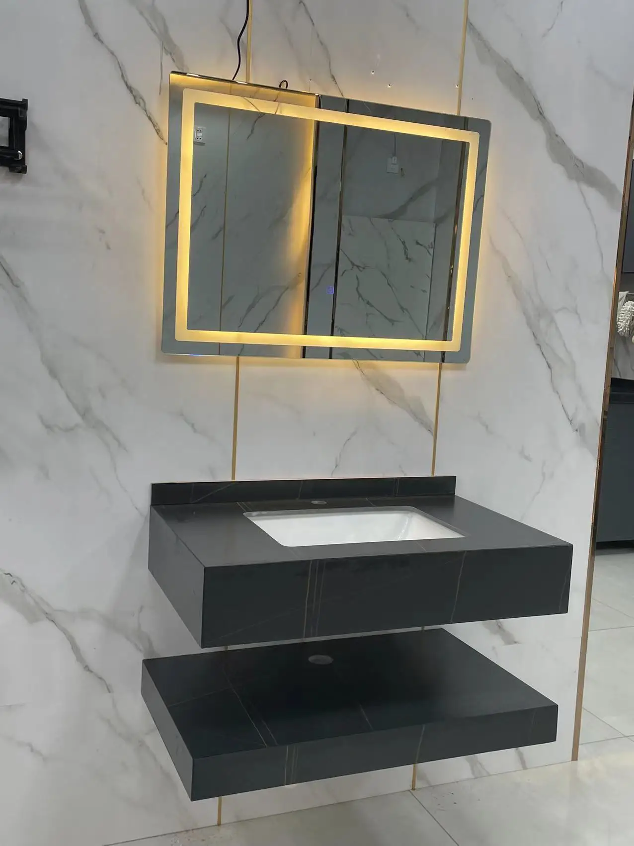 Solid Surface Porcelain Sink Rock-Stone Cabinet Basin Wall Hung Bathroom Vanity Single Sink