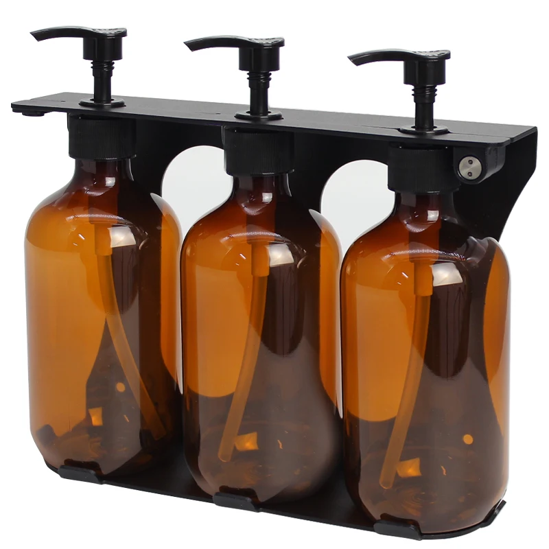 Wall Mounted Lockable Triple Liquid Soap Dispenser with Black Stainless Steel Bracket