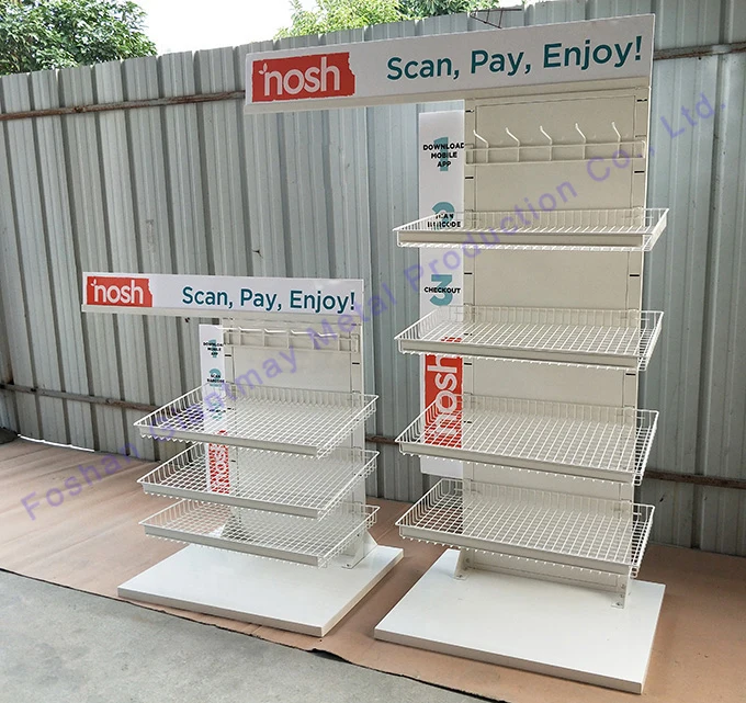 Stable grocery store marketing floor standing steel wire mesh hanging shelve exhibition display shelving rack