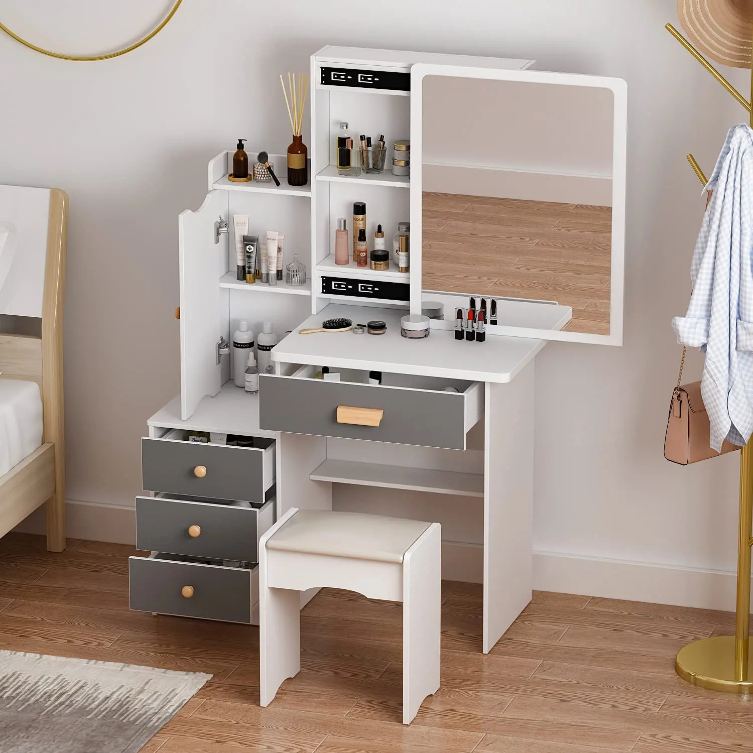 Vanity Sliding Mirror Bedroom Wooden Makeup New Design Dresser Modern Dressing Table With Mirror And Stool
