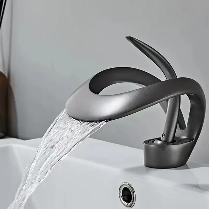 Deck Mounted Hot and Cold Faucet Brass Gun Gray Bathroom Mixer Taps Waterfall Basin Sink Faucet