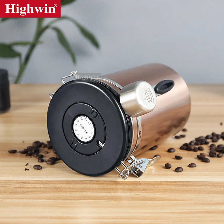 HIGHWIN Bronze Painting Airtight Stainless Steel Coffee Canister with Built-in CO2 Valve and Spoon