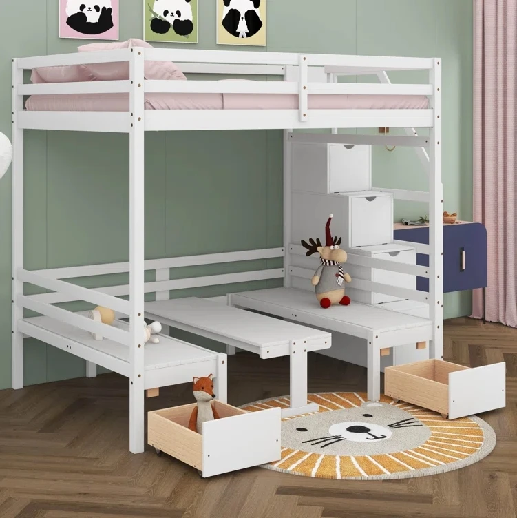 Modern Panel Wood Style 2-Drawer Full over Full Loft Bed with Built-In-Desk Wooden Beds