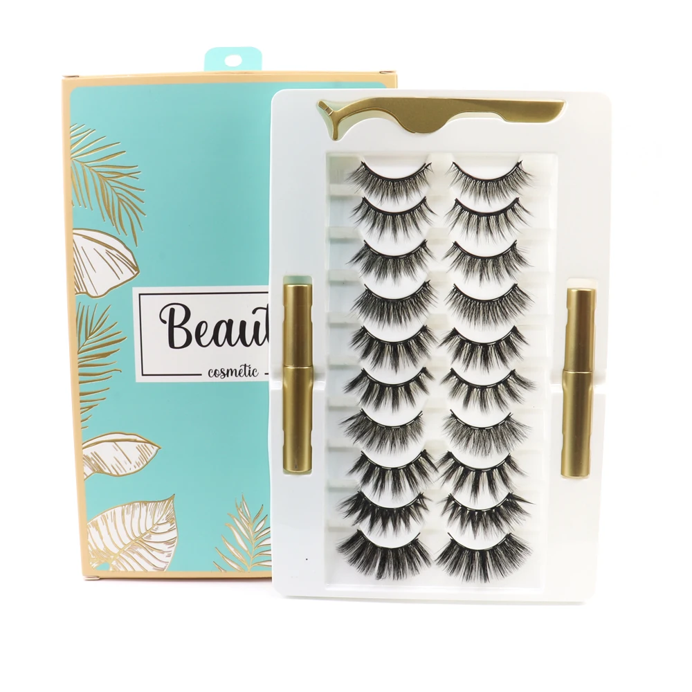 Private Label handmade 3D 10 Pairs Magnetic False Eyelashes Kit Silk Eyelash Glue Tweezers Set