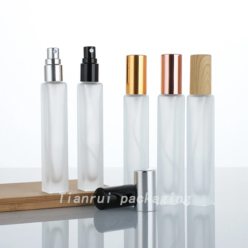 High Quality 10ml Portable Matte Frosted Clear Perfume Glass Square Rectangle Bottle with Spray Pump for Personal Care