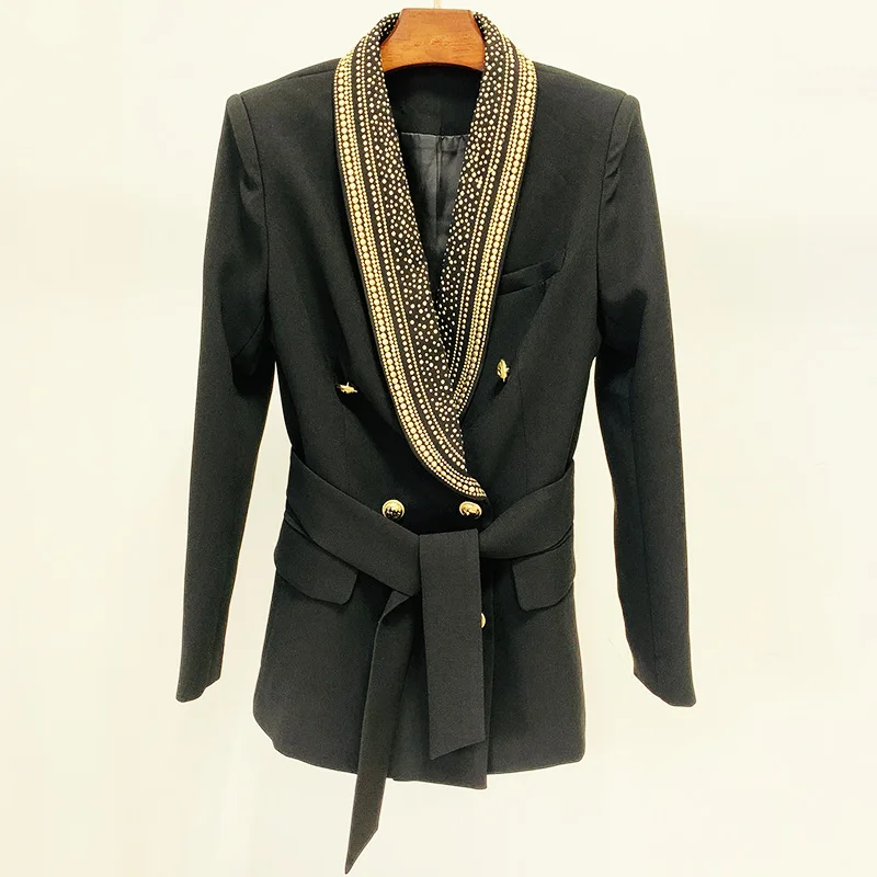 Fashionable new woman jacket metal sheet belt green fruit collar medium and long suit coat for women
