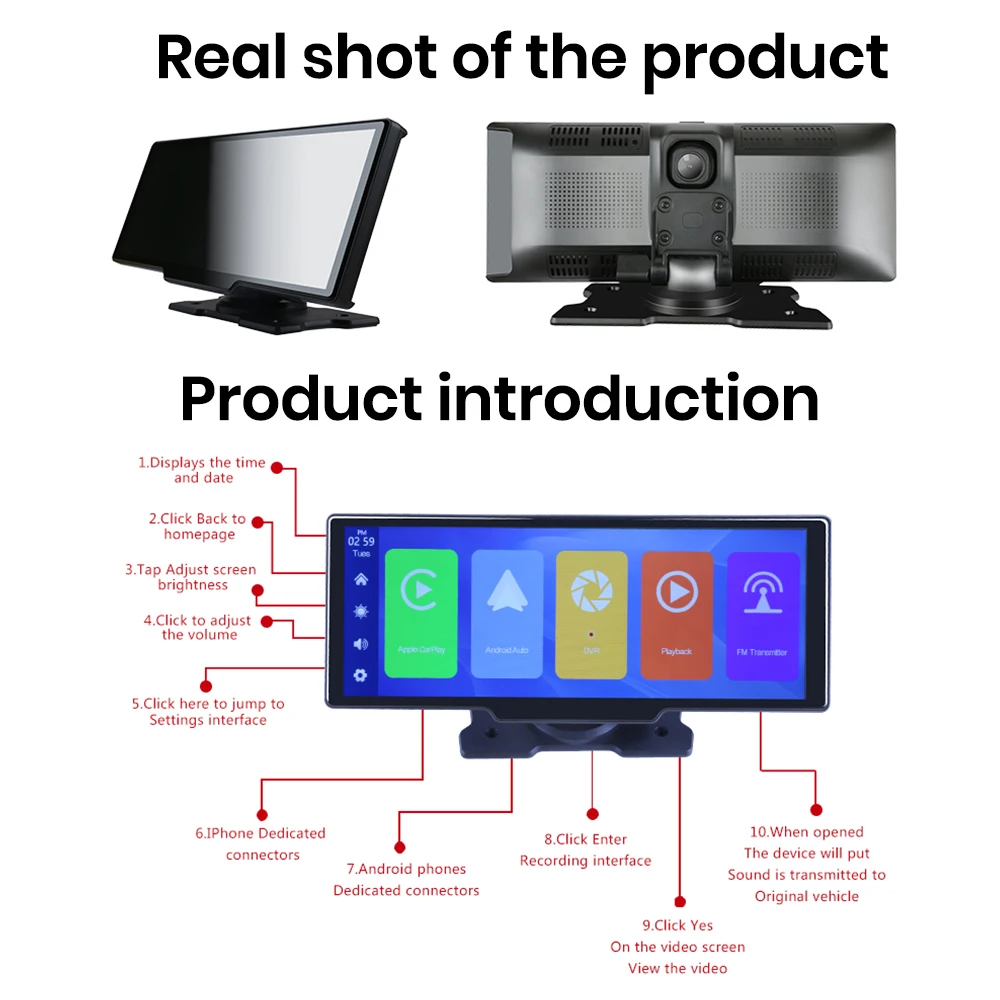 Carplay Screen 10 Inch for Universal Auto Hd Smart Dual Lens Radio Audio Wireless Carplay Android Auto CarPlay Monitor Screen