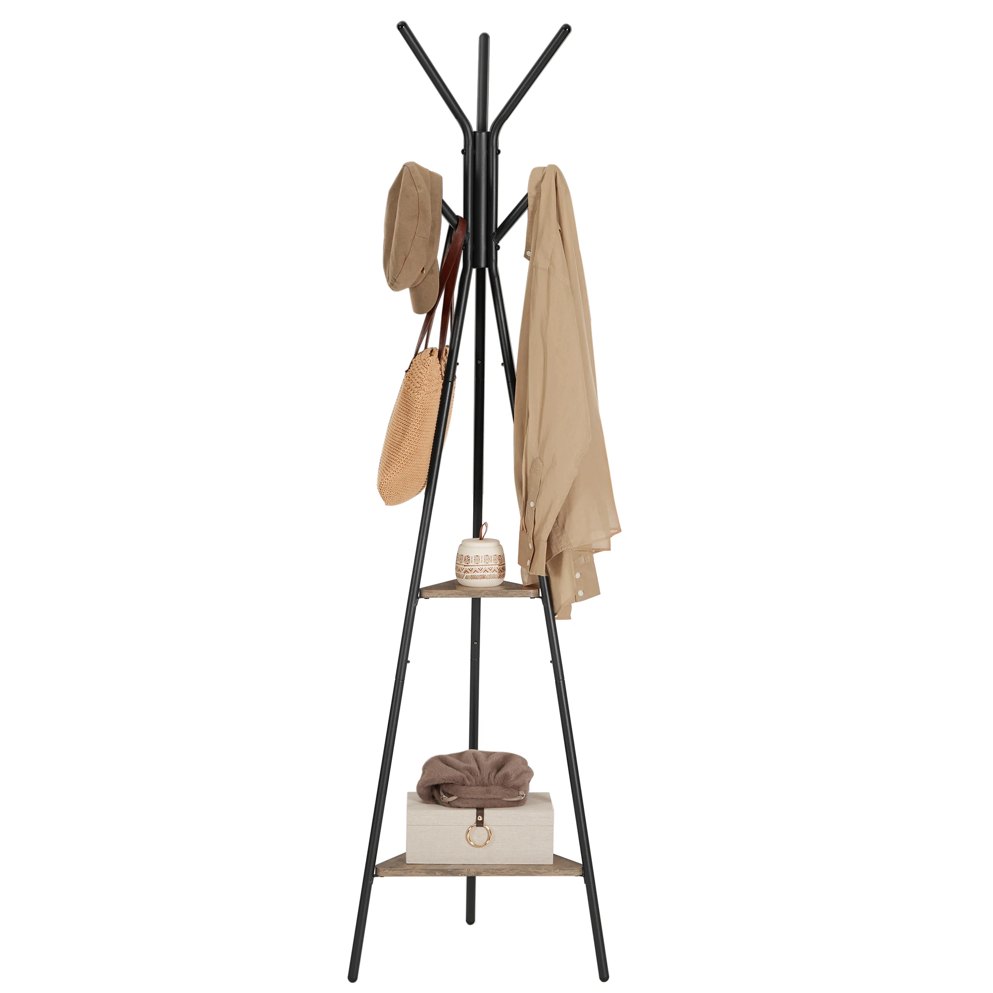 VASAGLE Hall Tree with 2 Shelves for Clothes Hat Bag Freestanding Coat Hanger Stand Coat Rack