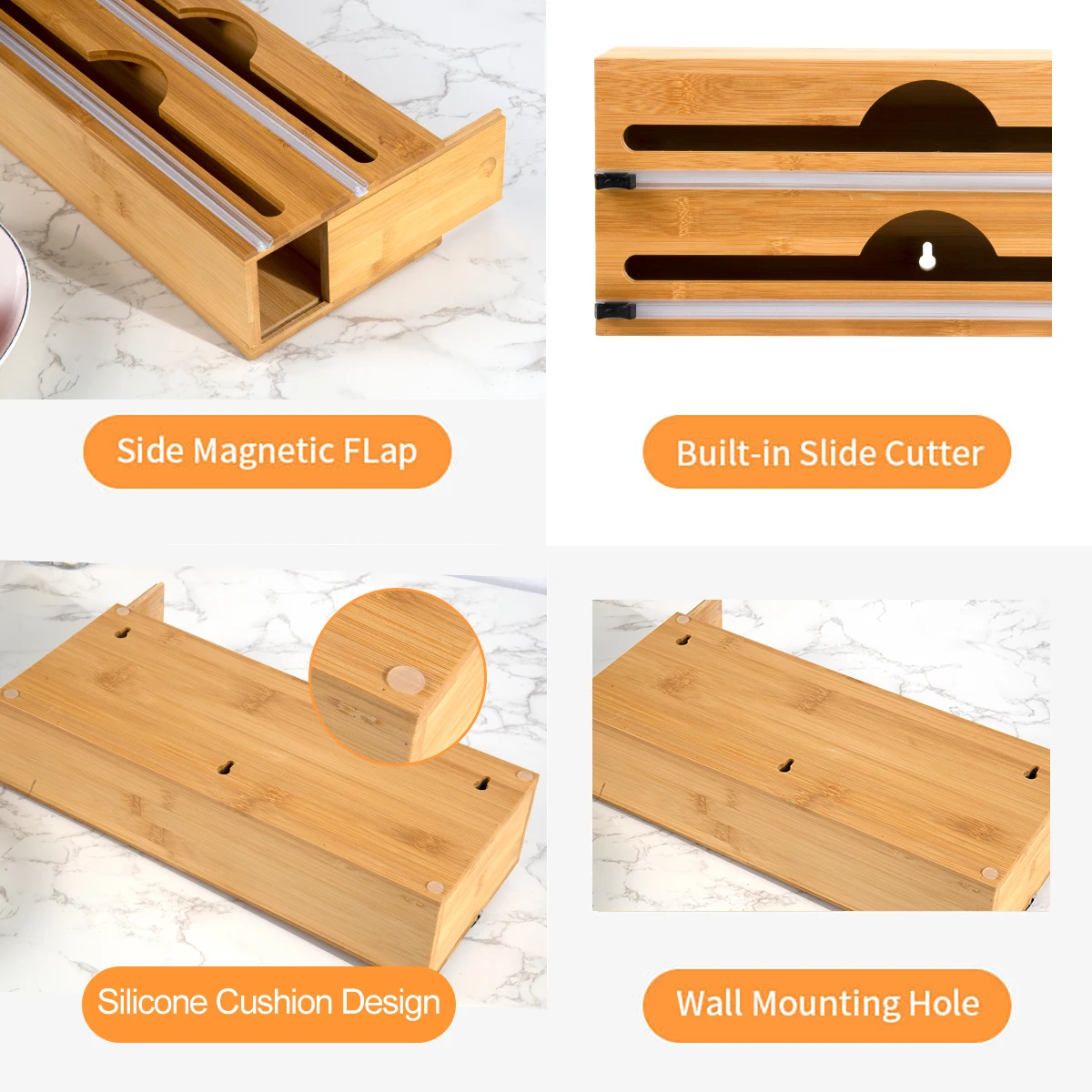 Wholesale Bamboo Aluminum Plastic Wrap Organizer and Tin Foil Dispenser with Cutter and Roller Foil