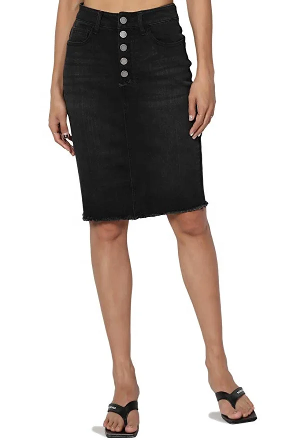 Butt Lift Pencil Knee Length Midi Stretch Soft Denim Skirt