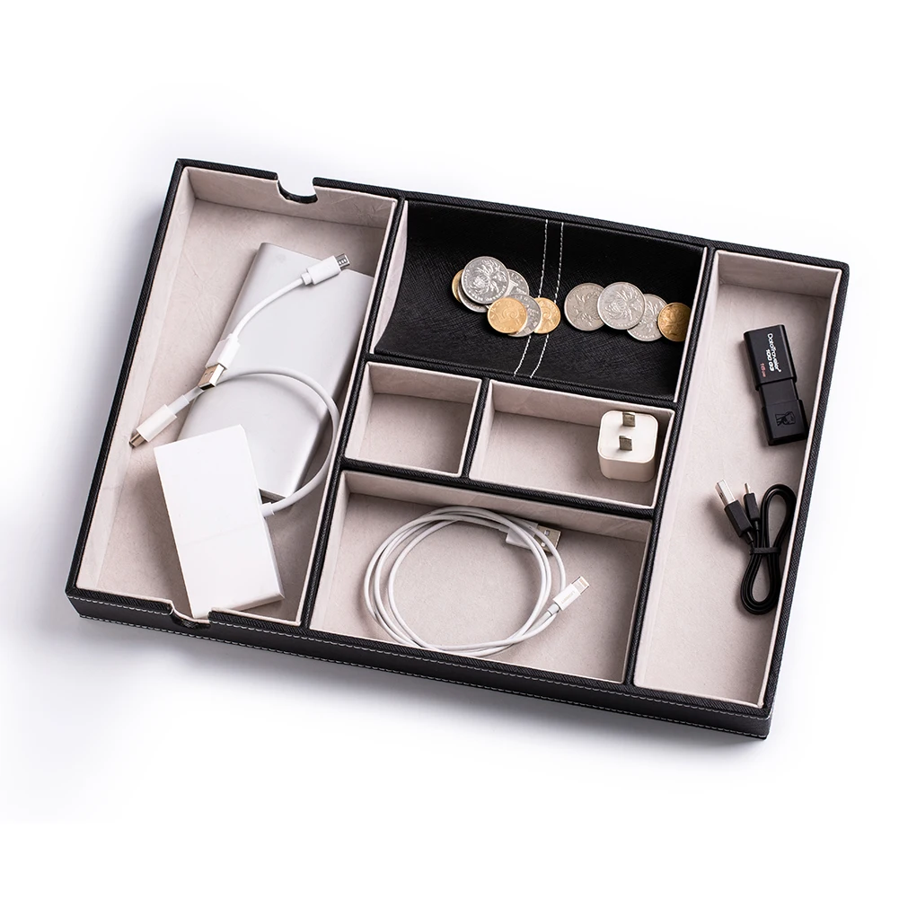 SANQIANWAN Office Desk Storage Box for Jewelry Key Watch Phone Wallet Leather Valet Tray Organizer Unit