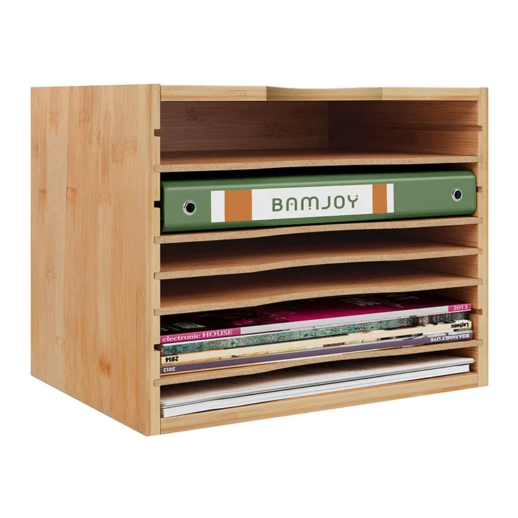 A4 Stackable Bamboo Wood File Organizer Box Store Magazine Storage Shelves with 5 Dividers for Office Supplies