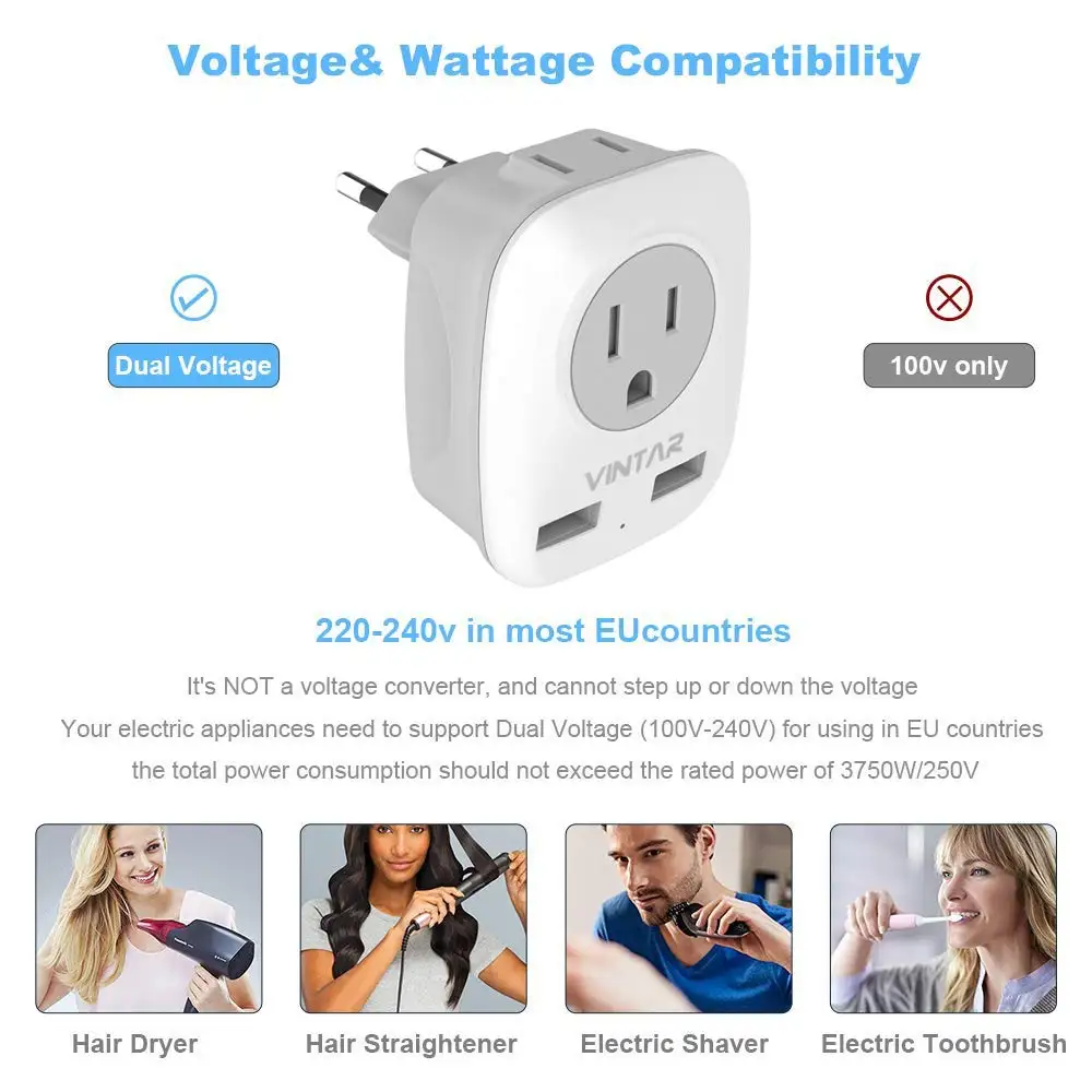 VINTAR Travel Power Adapter Plug Socket US to European Travel Adapters with 2 USB Ports