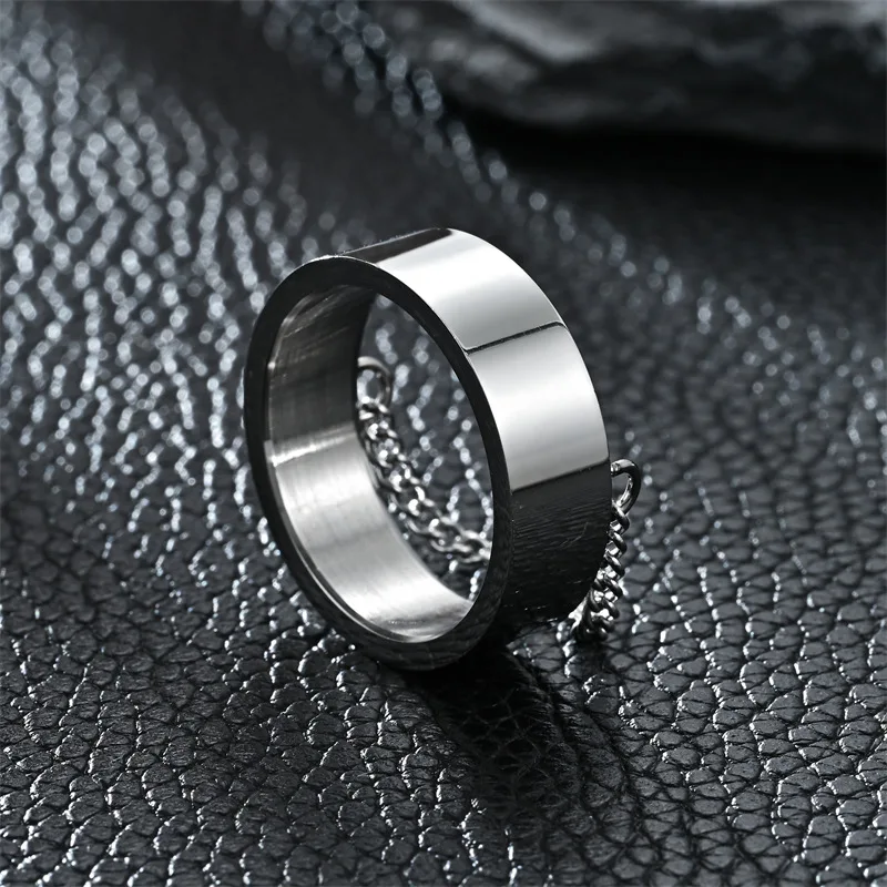 High Quality New Punk Style Wide Plain Blank Stainless Steel Silver Plated Finger Rings with Chain Links for Men Women