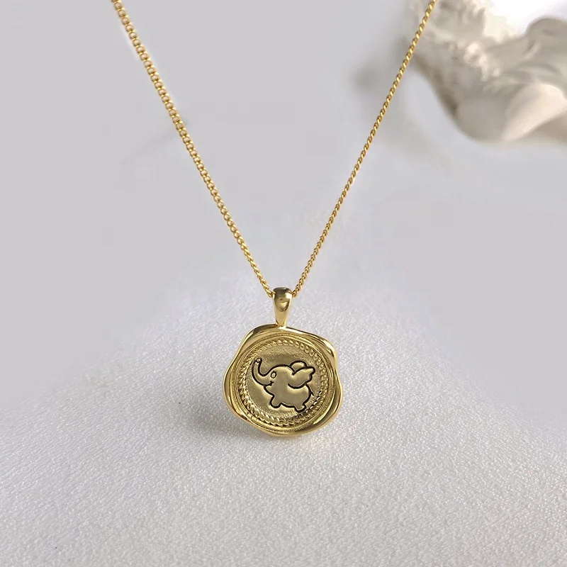 Wholesale 18K yellow gold plated 925 sterling silver little luck elephant coin pendant necklaces