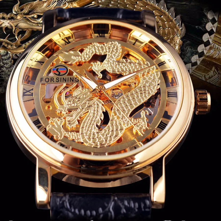 High Quality Luxury Dragon Manual Mechanical Watches Men Fashion Business Hollow Out Genuine Leather Loong Wrist Watch