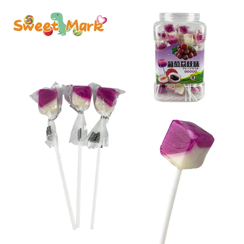 Factory candy lolly lollipop cube shape 2 layer grape litchi lychee flavor lollipop candy stick
