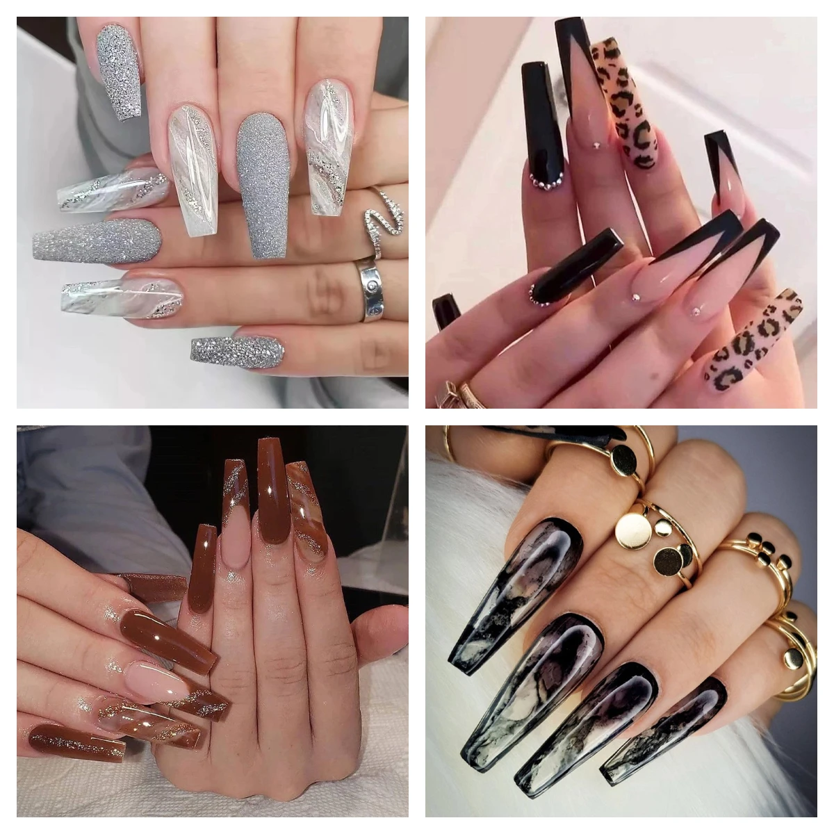 Nail Art Supplies Long Coffin Wearable Artificial Fingernails Gray White Marbling Press On Nails Flash Powder Fake Nails 24pcs