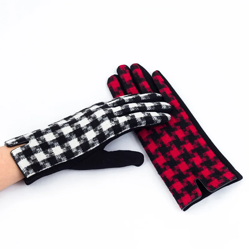 2022 New Women Fashion Houndstooth Pattern Woolen Gloves For Adults Winter Outdoor Warm Thicken Christmas Touchscreen Gloves