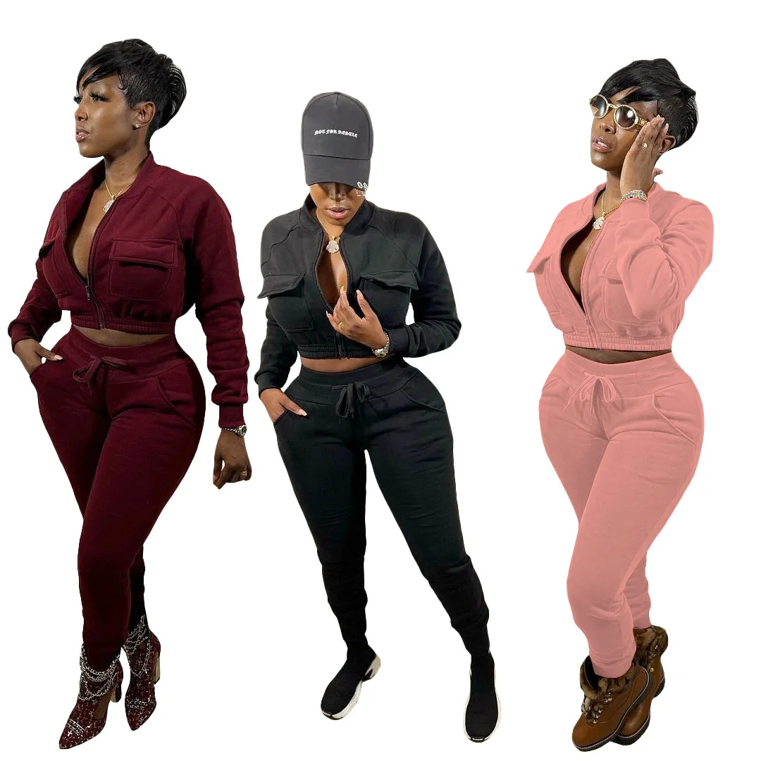 Streetwear Ladies Cute Pockets Crop Top 2 Piece Set Winter Boutique Clothing Women Sweatsuit Set Tracksuit
