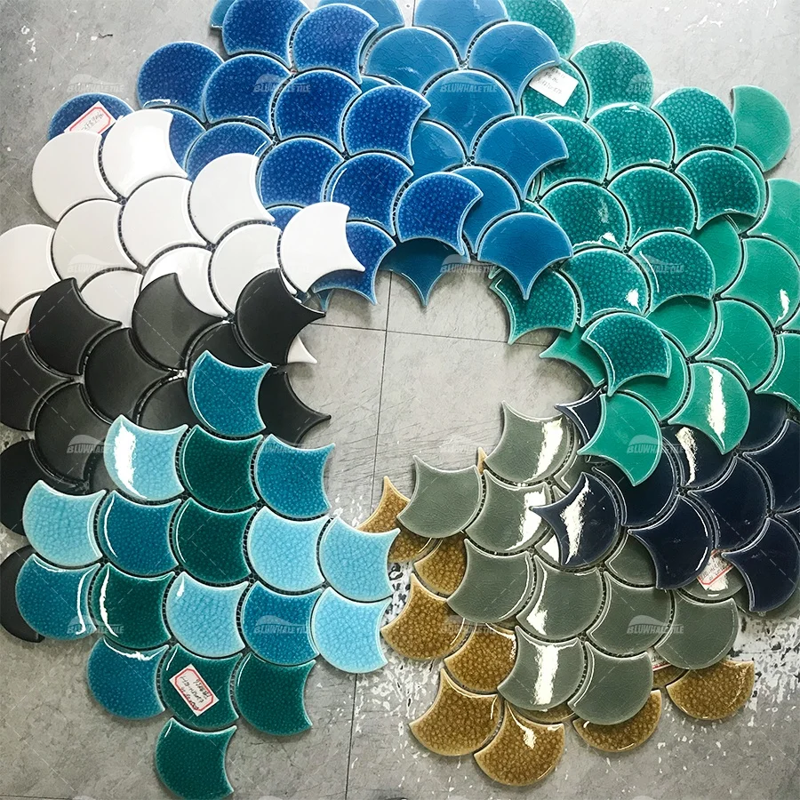 Bathroom Shower Backsplash Wall Fish Scale Tile Ice Crackle Glossy Cheap Swimming Pool Tile Ceramic Glazed Fan Shaped Tile