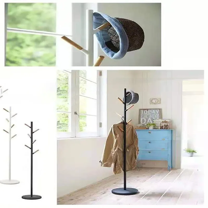 Single Pole Modern Coat Hat Rack Iron Wood Adult Storage Hanging Bag Rack for Living Room Bedroom Floor Hanging for Clothing Use