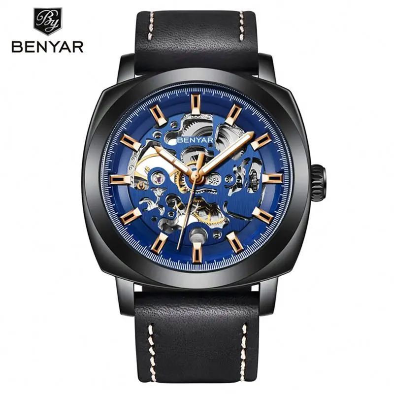 Benyar Watch 5121 Hot Sell Popular Men Hour Costume Genuine Leather Band square Analog Display Vintage Casual Reloj